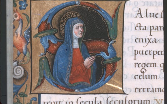 Detail of an historiated initial 'S'(ancta) of the Virgin Mary. Image taken from f. 101 of Book of Hours, Use of Rome (the 'Hours of Bonaparte Ghislieri', formerly known as 'The Albani Hours').