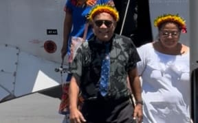 Taneti Maamau exits a Fiji Airways domestic flight from Onotoa Island to Tarawa on Monday. 28 October 2024