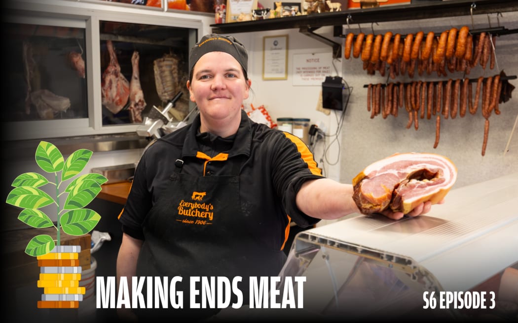A smiling woman-butcher showing a piece of bacon to a camera. Behind her, there are some more meat products on the shelves. Text on the image reads: “Making ends meat – S6 EPISODE 3”