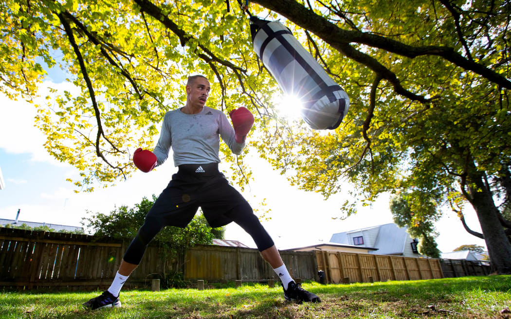 New Zealand amateur heavyweight boxer David Nyika trains at his Hamilton home, during the Covid-19 Level 4 Lockdown.