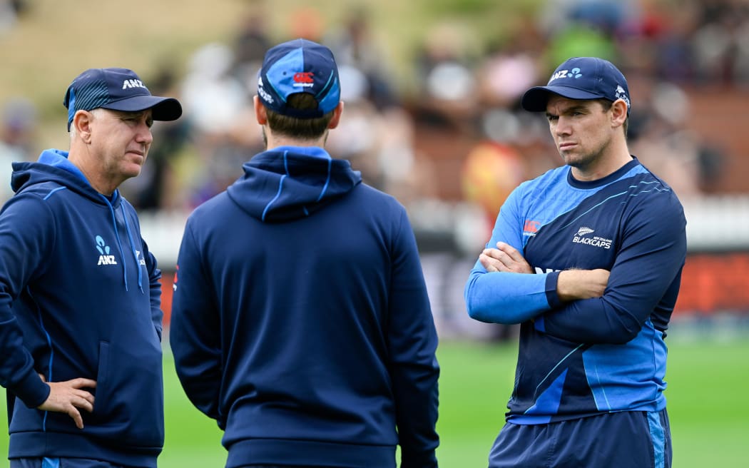 Gary Stead, Kane Williamson and Tom Latham in discussion, Basin Reserve, 2024.