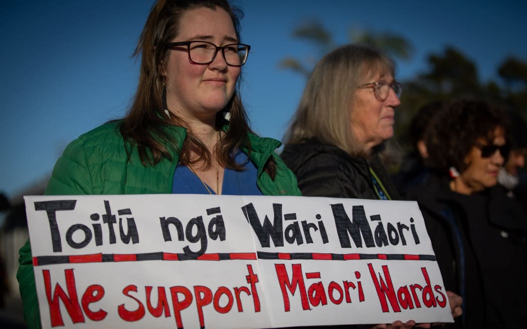 Protesters gathered outside the building before the meeting on Wednesday to decide the fate of the region's Māori ward. Credit: Michael Craig /NZM (LDR single use only)