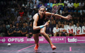 Joelle King of New Zealand competes against Sarah-Jane Perry of England in the Women's Singles Final