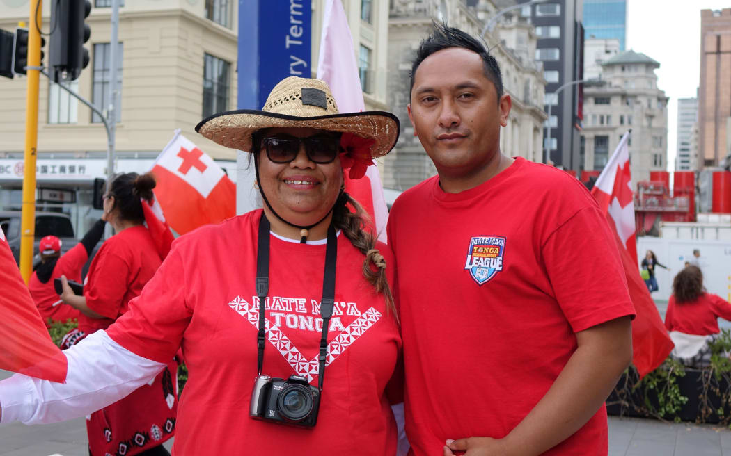 Tongan fans Joel Cook and his aunty at the gathering in Auckland.