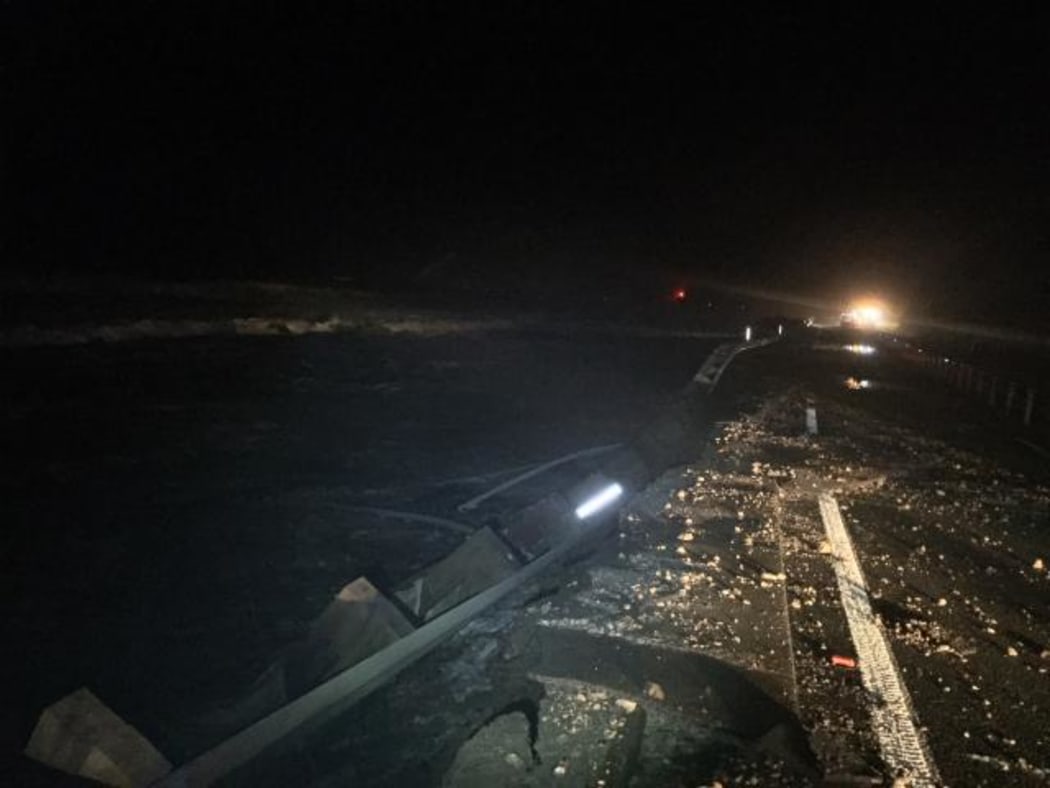 State Highway 1 is closed between Pukerua Bay and Paekakariki after sustaining damage. Waves washed over both lanes overnight.