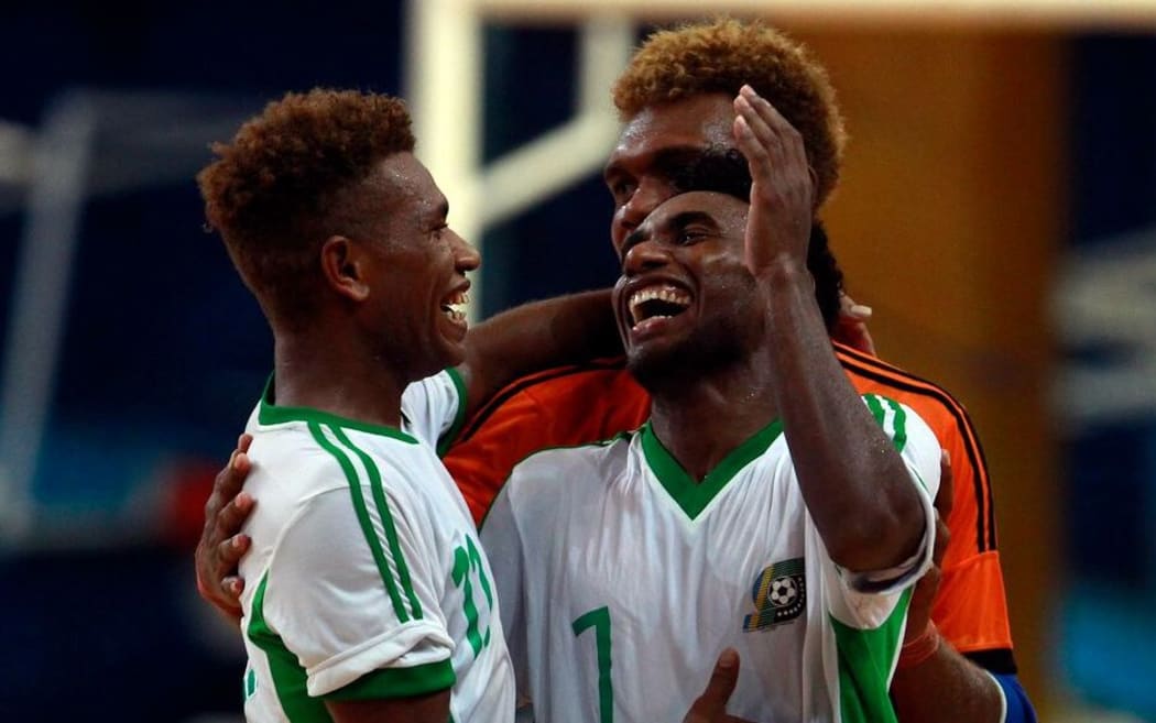Solomon Islands players celebrate another goal against New Caledonia.