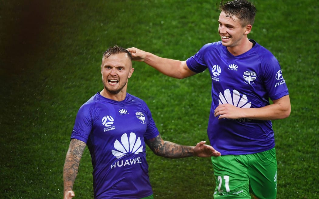 David Ball scores for the Phoenix during the A-League football match between Wellington Phoenix and Western United FC at Sky Stadium, Wellington, New Zealand. Friday 21 February 2020.Â© Copyright photo: Andrew Cornaga / www.photosport.nz