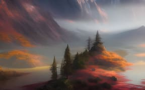 This landscape mountain image has been generated by the AI software Nightcafe.