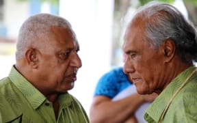 Fiji prime minister Frank Bainimarama (left) and Tonga prime minister Akilisi Pohiva both spoke on the issue of West Papua at the Pacific Islands Forum in Tuvalu. August 2019.