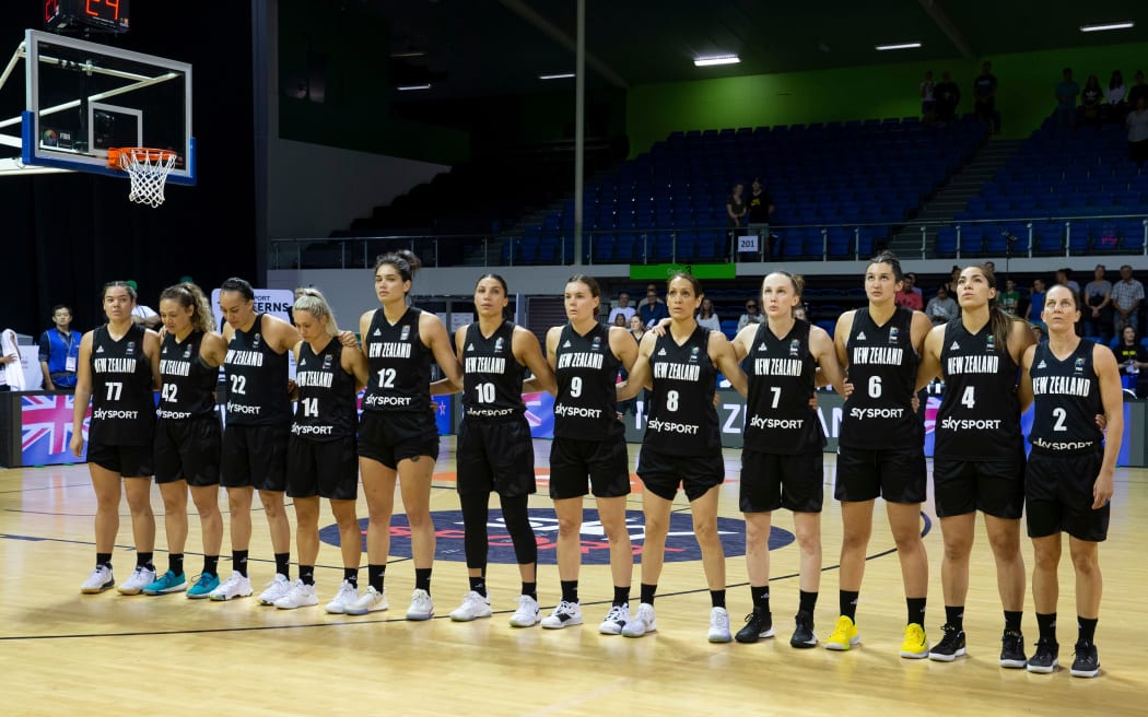 New Zealand Tall Ferns during the national anthems before their game against China, during the FIBA Womens Olympic Pre Qualifying Tournament in New Zealand, Auckland, New Zealand, held at Trusts Stadium.   16 November  2019       Photo: Brett Phibbs / www.photosport.nz