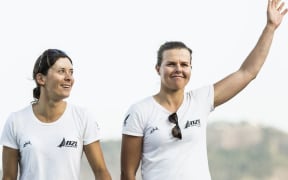 Jo Aleh and Polly Powrie on the podium, Rio, 2015.