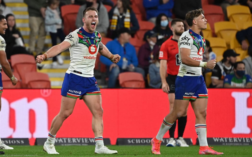 Euan Aitken celebrates the Warriors' win over the West Tigers at Suncorp Stadium, Brisbane, Australia, Friday 30 July 2021