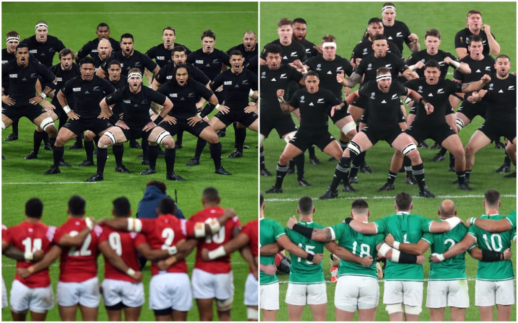 (Left) All Blacks perform haka in front of the Tongan team prior to match in the Rugby World Cup, October 2015. (Right) All Blacks perform haka ahead of the 2019 Rugby World Cup quarter-finals against Ireland at Tokyo Stadium.