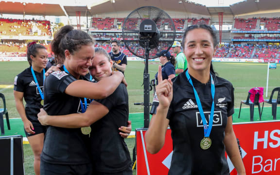 Sarah Hirini and her teammates celebrate winning the HSBC World Rugby Sevens in Sydney,. Womens Cup Final match between New Zealand and Australia, 2019, Spotless Stadium, Saturday 3rd February 2019. Copyright Photo: David Neilson / www.photosport.nz