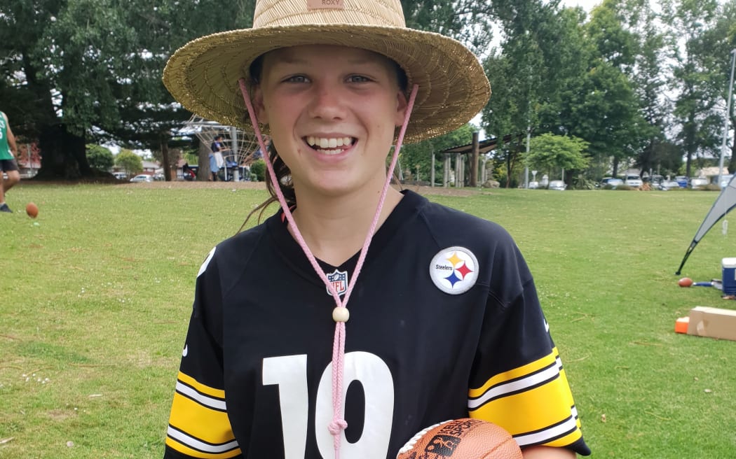 Gracie Owen,12, from Paeroa traveled to Auckland for an American Football clinic with four-time Super Bowl winner Jesse Sapolu