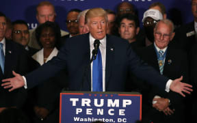 Surrounded by military veterans, US Republican presidential nominee Donald Trump says US President Barack Obama was born in the United States, during a campaign event at the Trump International Hotel, September 16, 2016 in Washington, DC.