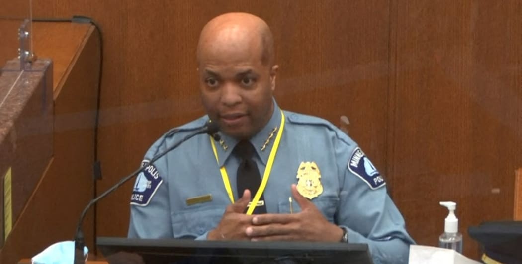 This screenshot obtained from pool video feed via Court TV on April 5, 2021, shows Minneapolis Police Chief Medaria Arradondo testifying during the trial of former police officer Derek Chauvin charged in the death of George Floyd.