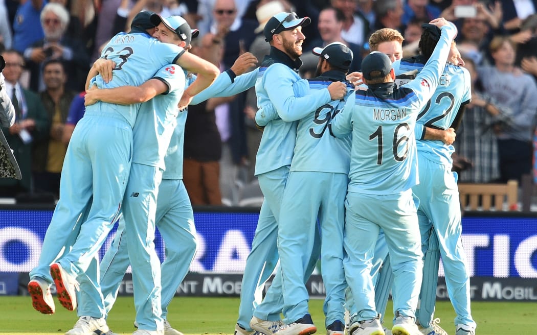 England players celebrate after winning the 2019 Cricket World Cup final between England and New Zealand at Lord's.