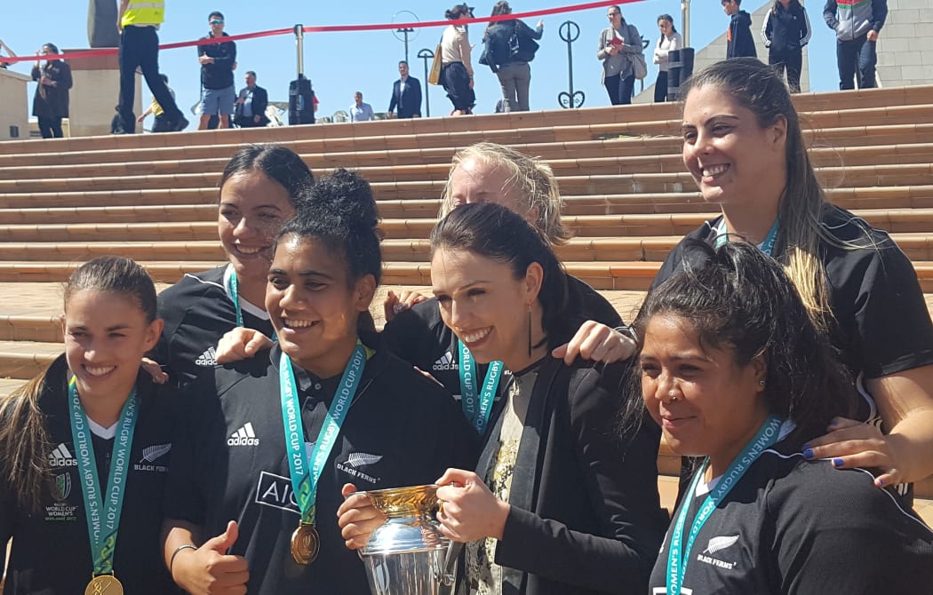 Labour leader Jacinda Ardern with the Black Ferns Labour leader Jacinda Ardern with the Black Ferns in Civic Square in Wellington.