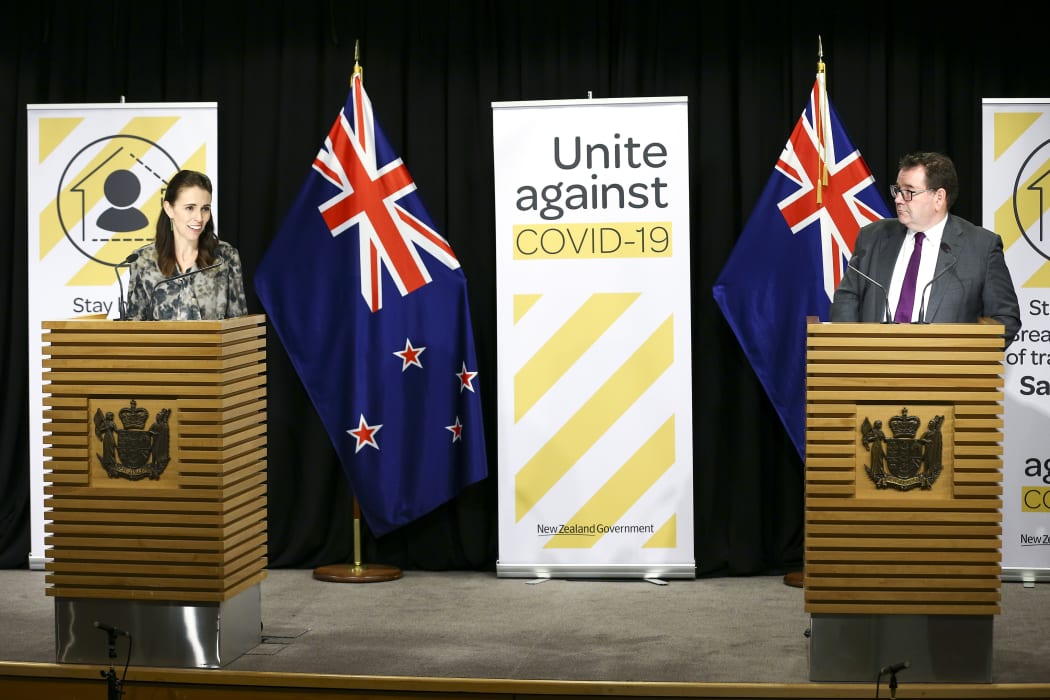 Prime Minister Jacinda Ardern and Finance Minister Grant Robertson speak to media during a press conference at Parliament on April 02, 2020.