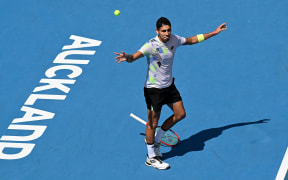 Alejandro Tabilo of Chile celebrates his singles semi-final win against Taro Daniel of Japan at the ASB Classic tennis tournament in Auckland, New Zealand. Saturday January 13, 2024. (Andrew Cornaga / Photosport)