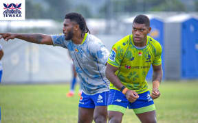 Fijian Drua scrumhalves Frank Lomani (left) and Peni Matawalu in training with the team in Nadi on Tuesday for the weekend's Super Rugby Pacific clash against the Reds.  Photo: Fijian Drua