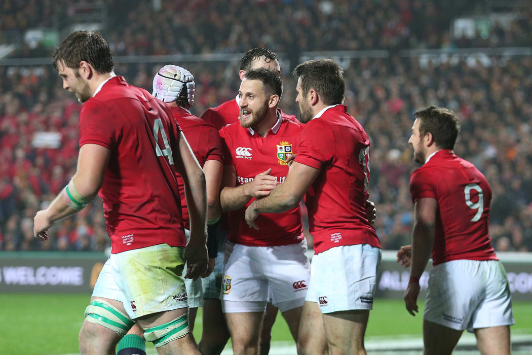 The Lions celebrate a try scores by Lions centre Jared Payne during the Rugby Union match - Chiefs v British & Irish Lions played at FMG Stadium Waikato, Hamilton, New Zealand on Tuesday 20 June 2017.