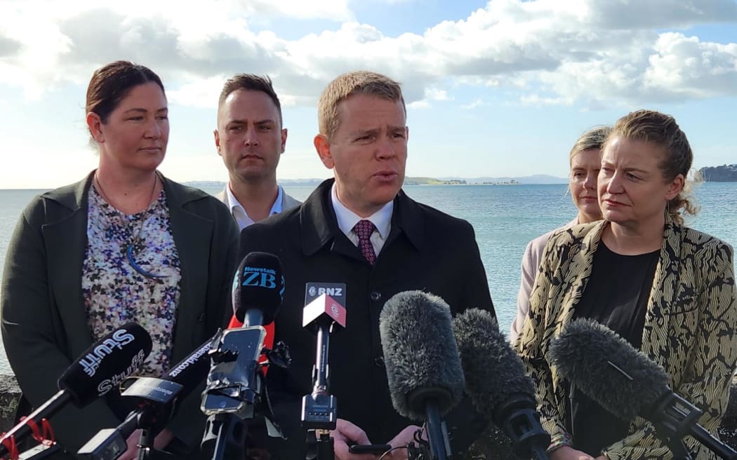 Prime Minister Chris Hipkins, centre, with Minister of Conservation Willow-Jean Prime, left and Minister for Oceans and Fisheries Rachel Brooking at the government announcement of plans fr 19 new marine protection areas in the Hauraki Gulf, 9 August 2023.