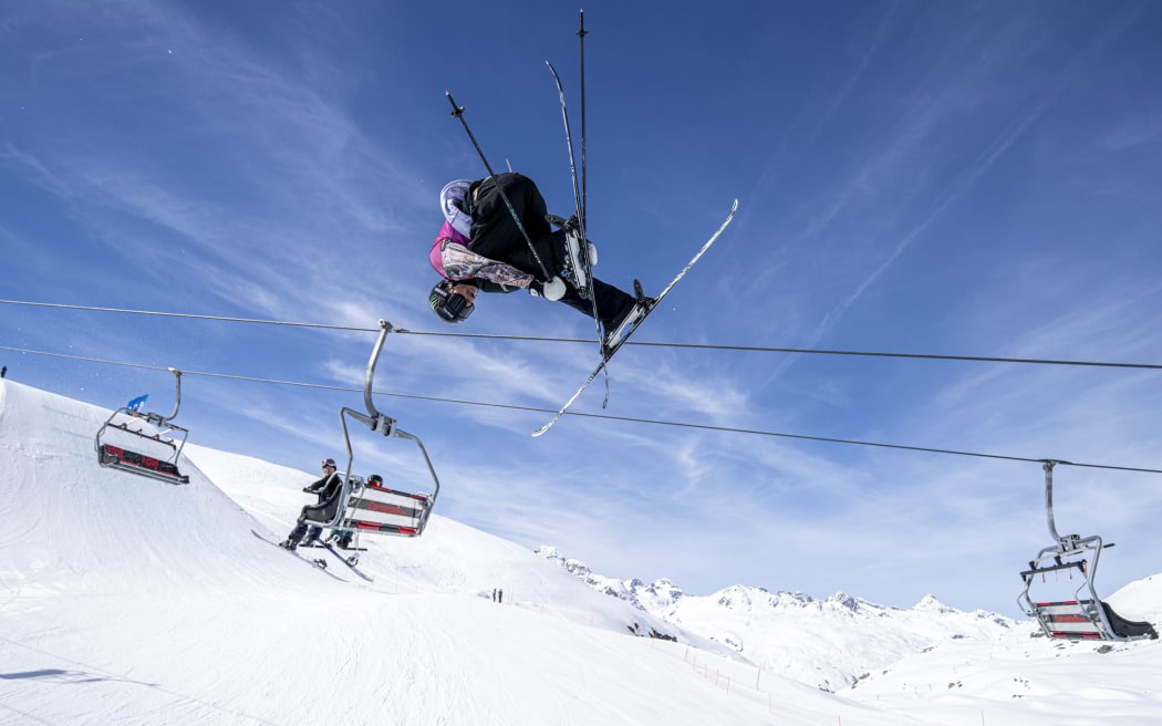 Luca Harrington in action at the Freeski World Cup in Switzerland, 2024.