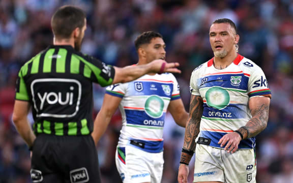 James Fisher-Harris of the Warriors is called out before being sent to the bin during the NRL Round 11 match between the Redcliffe Dolphins and the New Zealand Warriors.