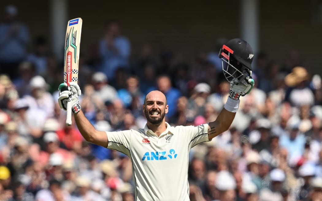 Daryl Mitchell of New Zealand celebrates a century during day 2 of the 2nd Test between the New Zealand Black Caps and England at Trent Bridge Cricket Ground, Nottingham, England on Saturday 11 June 2022.