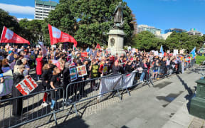 Striking teachers at Parliament on 10 May, 2023.