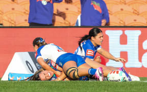 Warriors' Payton Takimoana is injured whilst trying to score a try during the Warriors v Bulldogs, NRLW match at FMG Stadium, Hamilton, New Zealand on Sunday 5 July 2026. Photo: DJ Mills / Photosport