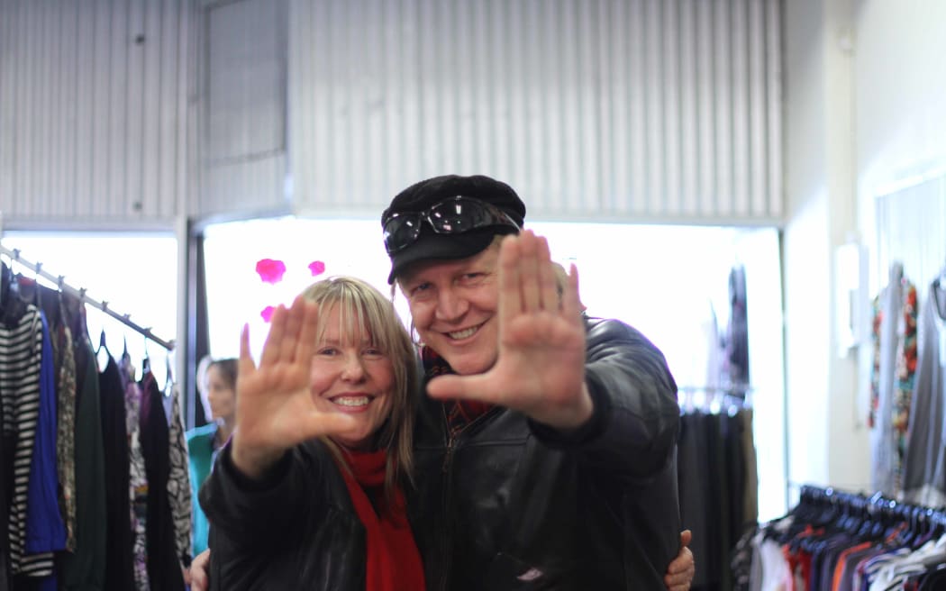 Sandy Edmonds with John Baker, recreating her famous photograph