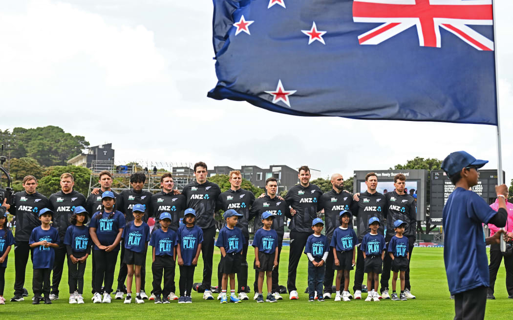 New Zealand players line up for the national anthem, 2025.