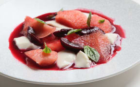 Plums, basil, almond milk jelly, and watermelon