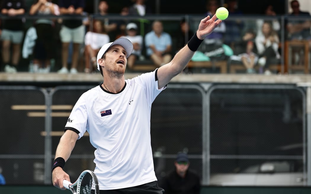 Marcus Daniell serves in the doubles match with his  partner Finn Reynolds of New Zealand playing Altug Celikbilek and Ergi Kirkin of Turkey in the Davis Cup World Group 1 playoff tie at ASB Tennis Centre in Auckland on Saturday, February 03, 2024. Photo: David Rowland / www.photosport.nz