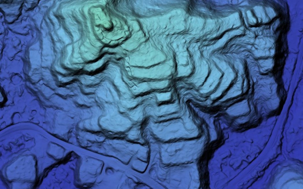 A drone lidar image showing the topography of earthworks in Aimeliik in 2024