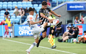 Ivan Vujica of the Bulls and Logan Rogerson of Auckland FC challenge for the ball during the A-League Men Round 5 match between Macarthur FC and Auckland FC at Allianz Stadium in Sydney, Sunday, November 24, 2024. (AAP Image/Jeremy Ng/Photosport)