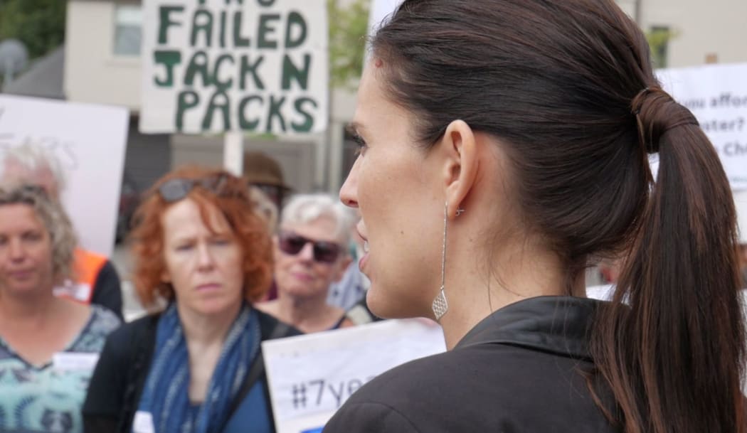 Jacinda Ardern speaks to protesters in Christchurch.