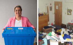 A composite image showing Rebekah on the left and a messy room on the right.