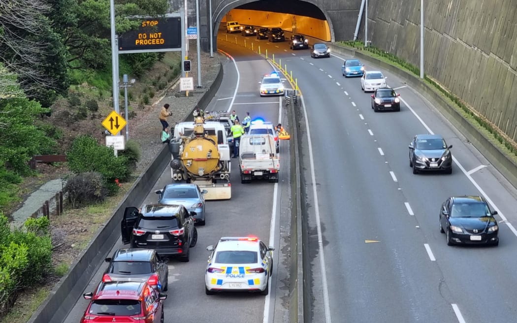 Protesters, believed to be climate activists, wearing high-viz vests are blocking the southbound lane of Wellington's Terrace Tunnel while police work to remove them.