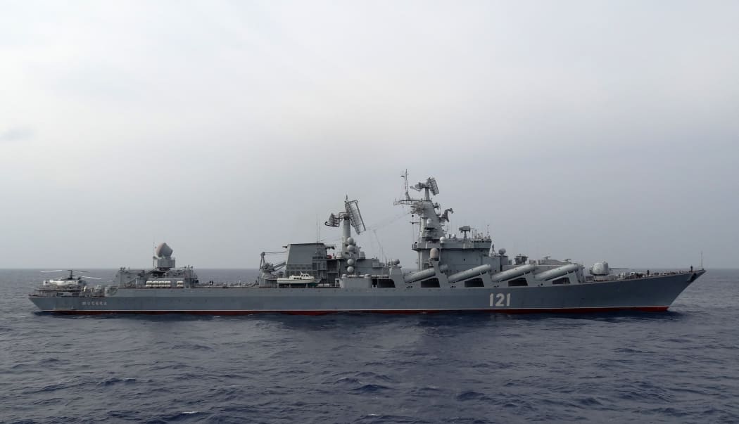 In this file photo taken on December 17, 2015 the Russian missile cruiser Moskva patrols in the Mediterranean Sea, off the coast of Syria, on December 17, 2015.