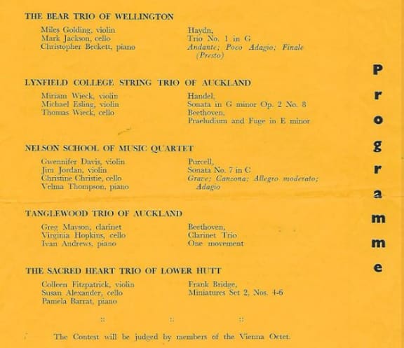 Page from the programme for the first National Chamber Music Contest in 1965.