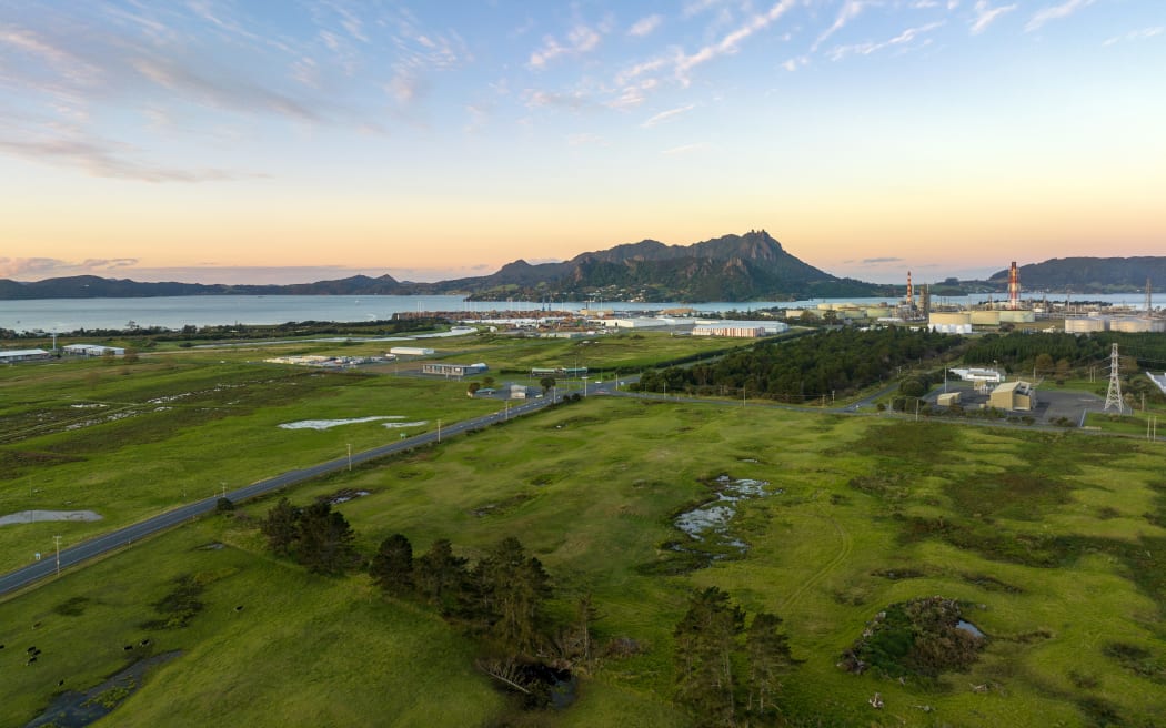 Aerial view of one of three sites at Marsden Point where Meridian has been granted approval for a 172-hectare solar farm.