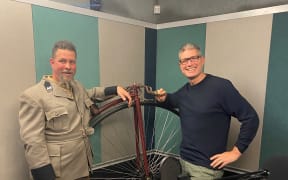 Shane Price with his penny farthing and Jesse