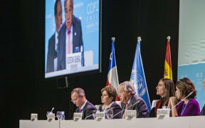 Antonio Guterres, Secretary General of UN (centre), talks during the High Level Global Climate Action Event in the COP25 Summit, Madrid.