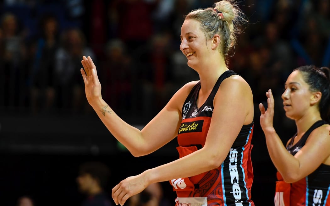 Ellie Bird of the Tactix celebrates the win during the ANZ Premiership netball match.