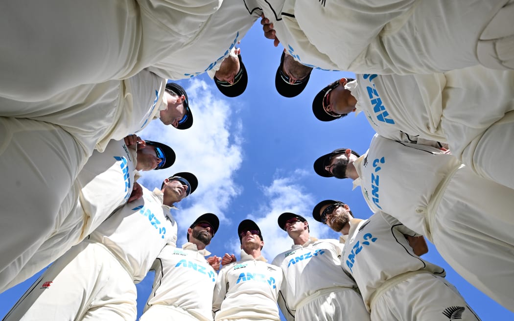 New Zealand team huddle ahead of play on day three in Mt Maunganui.