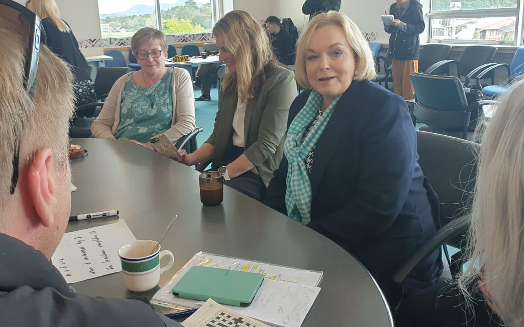 Judith Collins speaks to school staff at New Plymouth Boys' High after announcing National's education infrastructure policy.